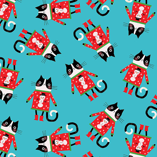 Meowy Christmas - Cats in a Sweater Toss Turquoise | 16236-84