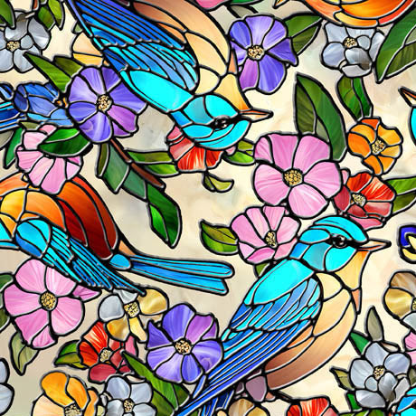 Sunlit Birds - Stained Glass Birds & Floral Tan | 2600-30793-A