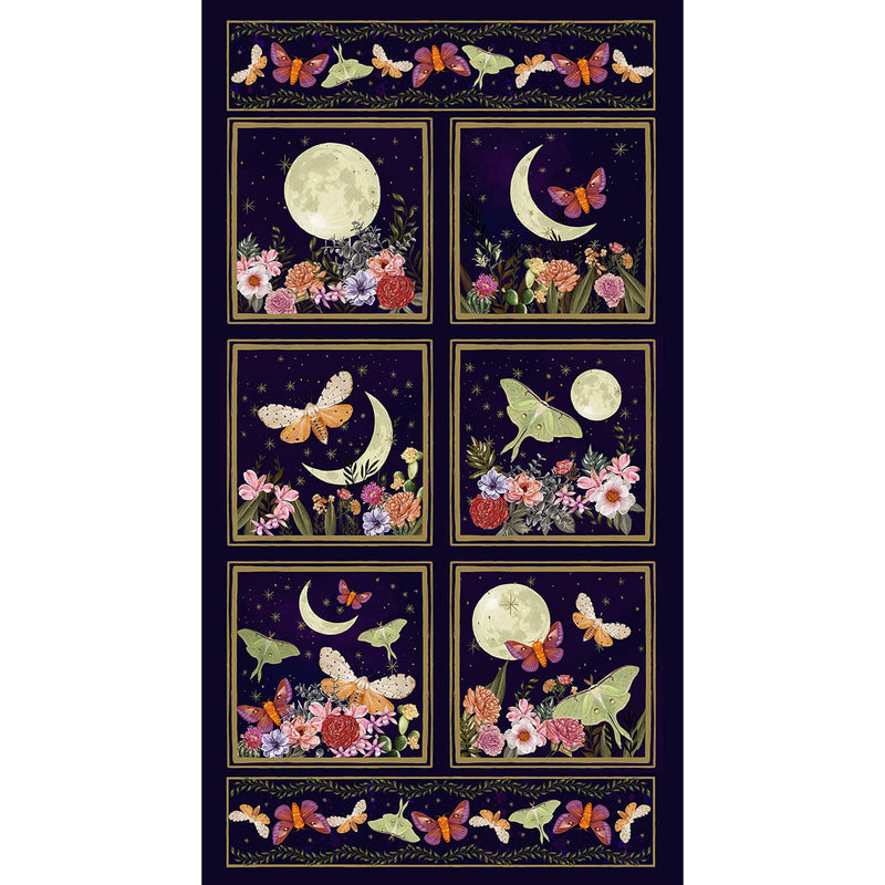 Midnight Rendezvous - Dark Purple Moths with Flower and Moons Panel | B-2904P-59