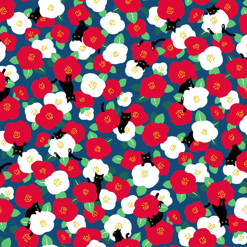 Japanese Pattern - Black Cats in Flowers Navy | COSAP41403-2D