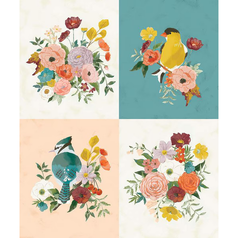 Winged Medley - Birds and Bouquets Panel | P15918-PANEL