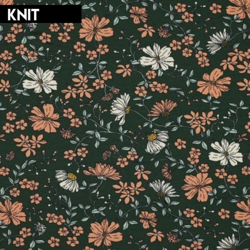 Japanese Jersey Prints - Flowers Forest Green Jersey Knit | VER03108-086