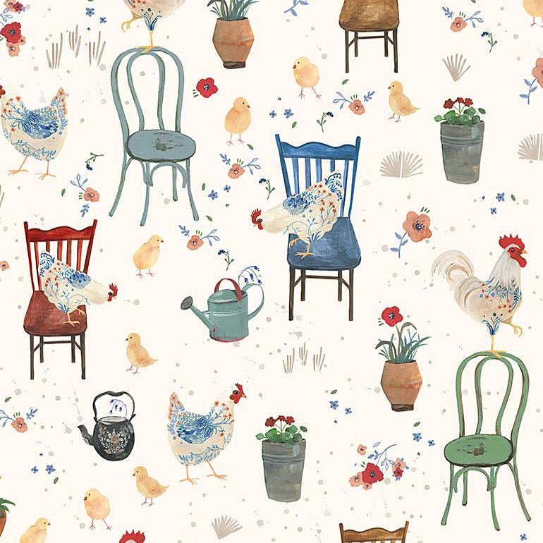 Rachel - Country Chickens on Cottage Chairs Cream | CD1096-CREAM