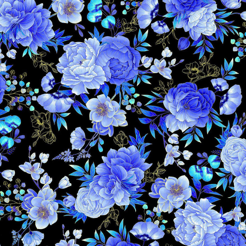 Royal Plume - Large Floral Black Blue Metallic | PLUME-CM1563