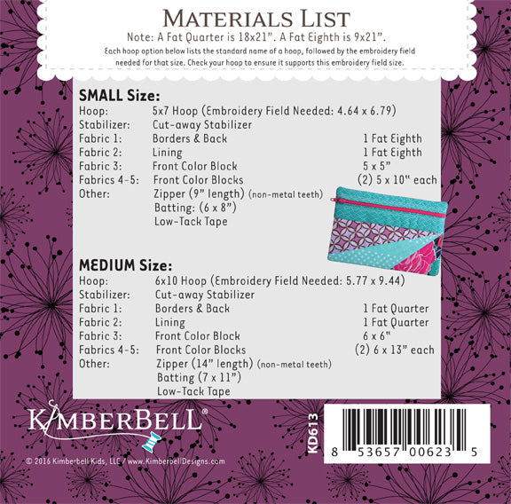 Kimberbell Designs | Jeanette Zip Pouch Small & Medium - Machine Embroidery